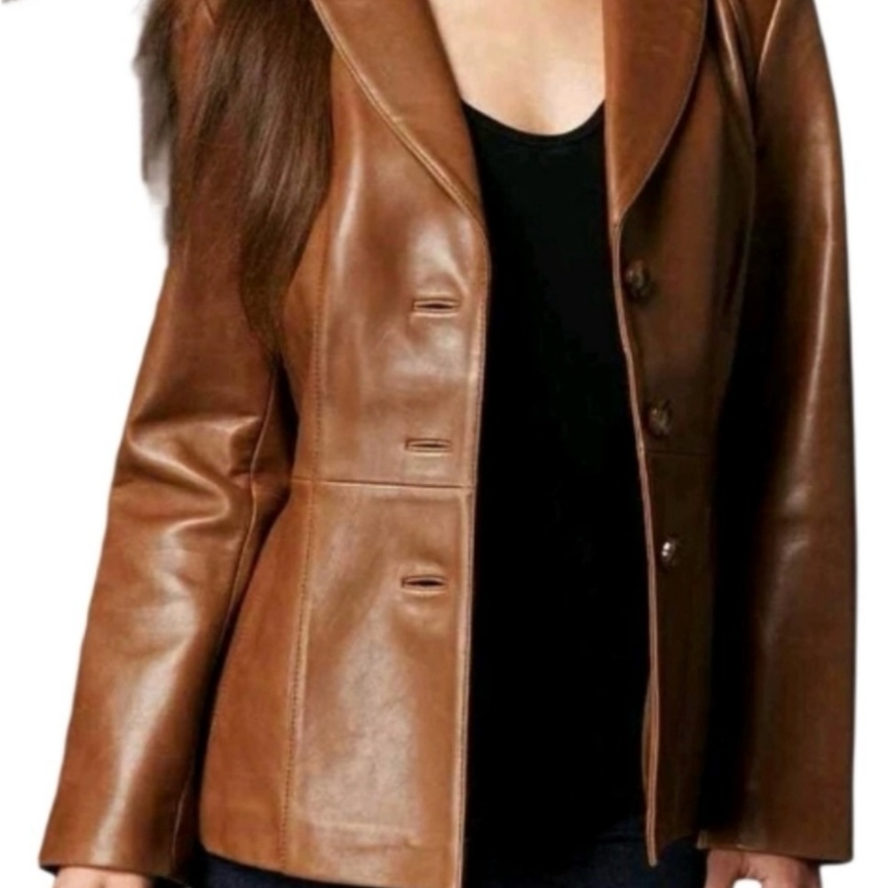 Jones New York Tan Genuine Leather Blazer Jacket